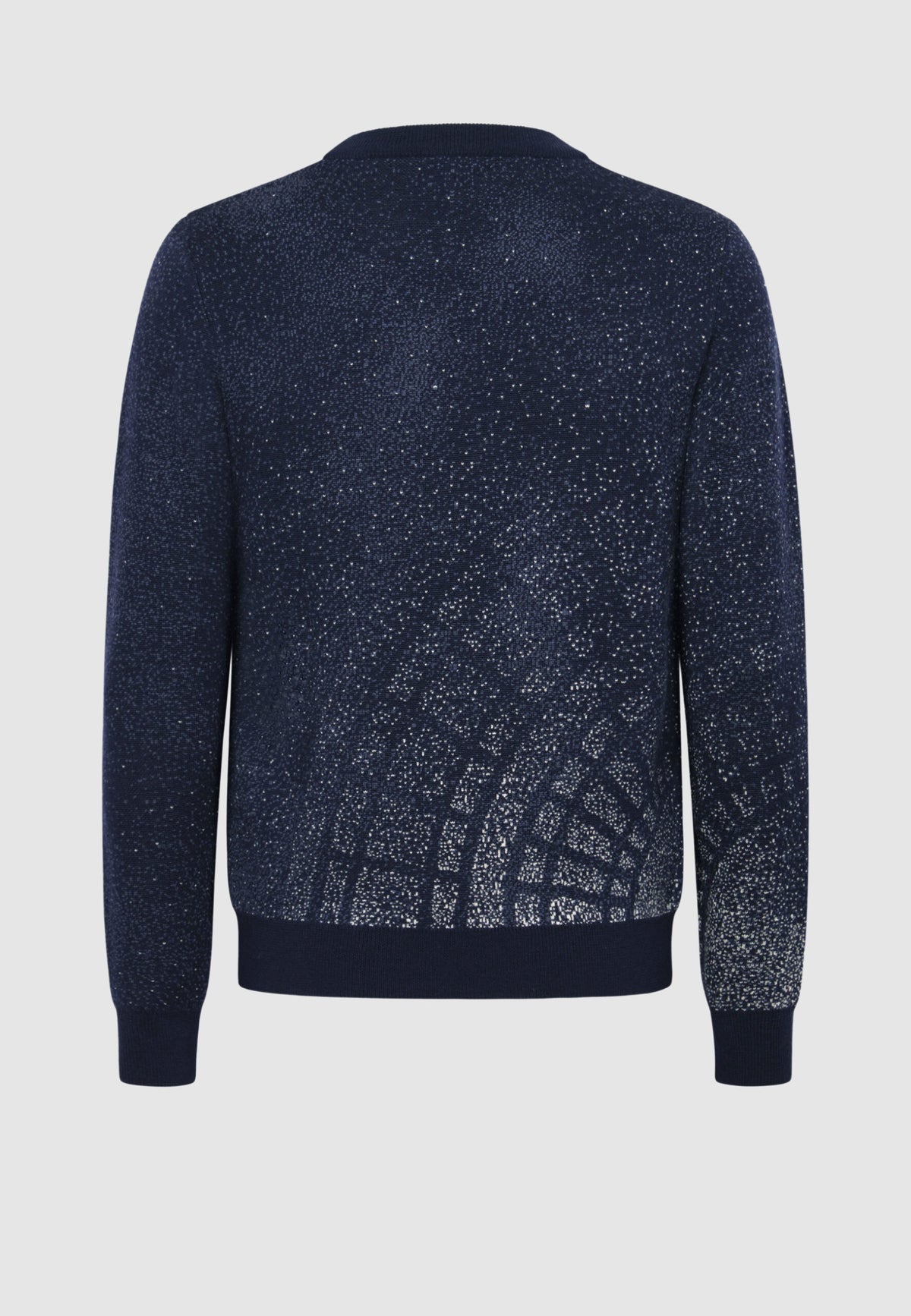 dos pull jacquard bleu marine graphisme blanc