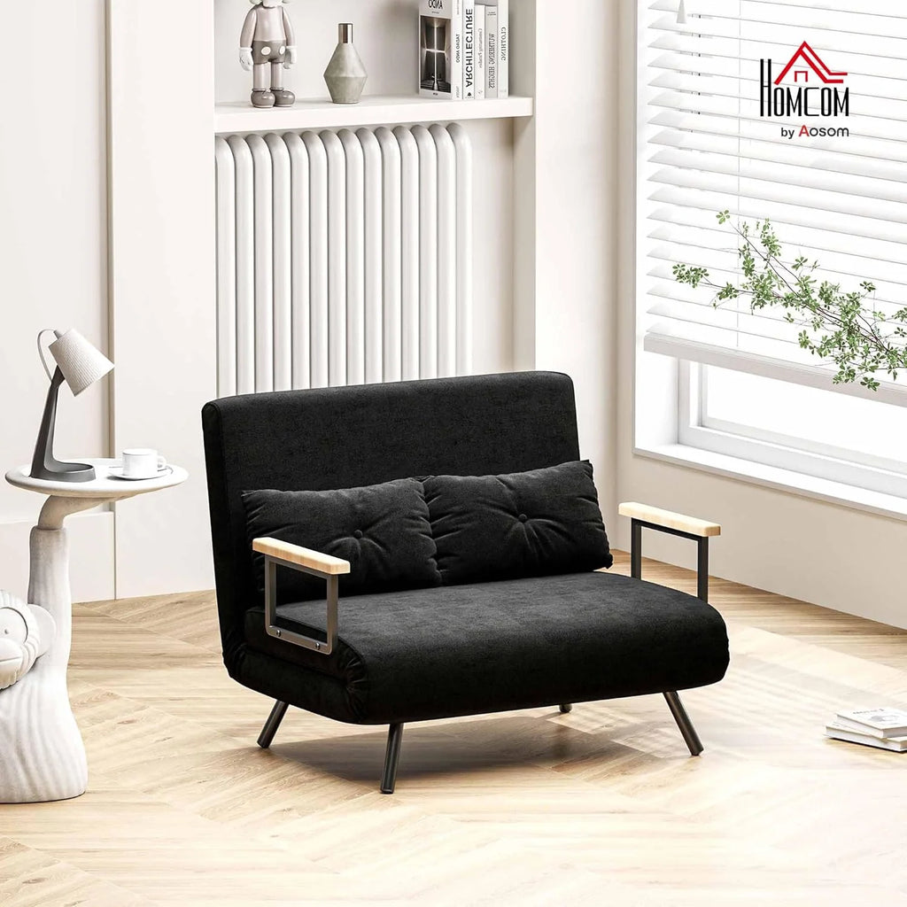 HOMCOM Sofa Bed 2 Seater Folding Sofa Bed Upholstered in Velvet with 5 Levels Adjustable Backrest and Padded Pillows for Office Bedroom Living Room 102 x 73 x 81 cm Beige