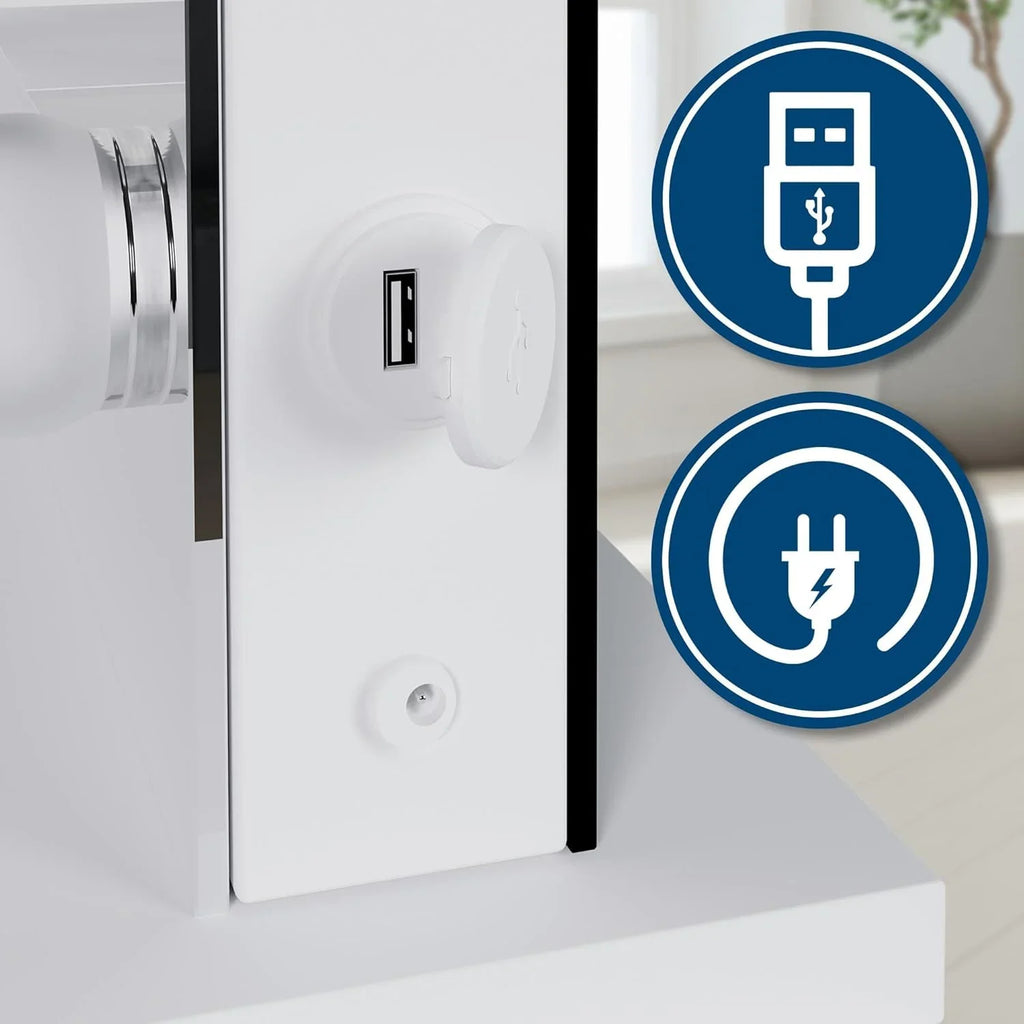 CLP Coiffeuse Tiline Miroir Hollywood Éclairage LED 9 Tiroirs Plateau Verre Prise USB Blanc