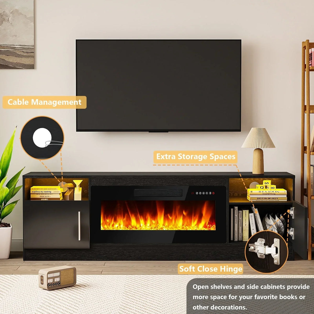 Bossin 70 Fireplace TV Stand with 36 Electric Fireplace, TV Stand for TVs Up to 80, 16 Colors LED Lights/Entertainment Center