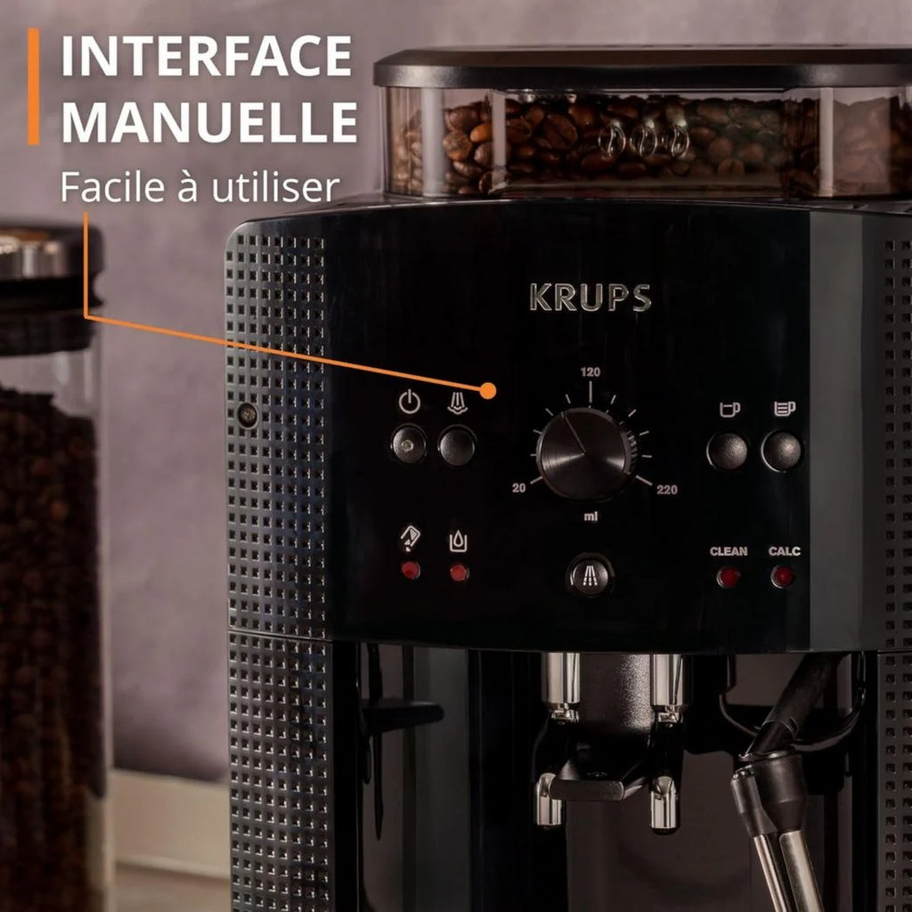 Krups Machine à café à grains, 1,7 L, 2 tasses simultanément, Nettoyage automatique, Buse vapeur pour cappuccino, Cafetière expresso, Essential black YY8125FD, Noir