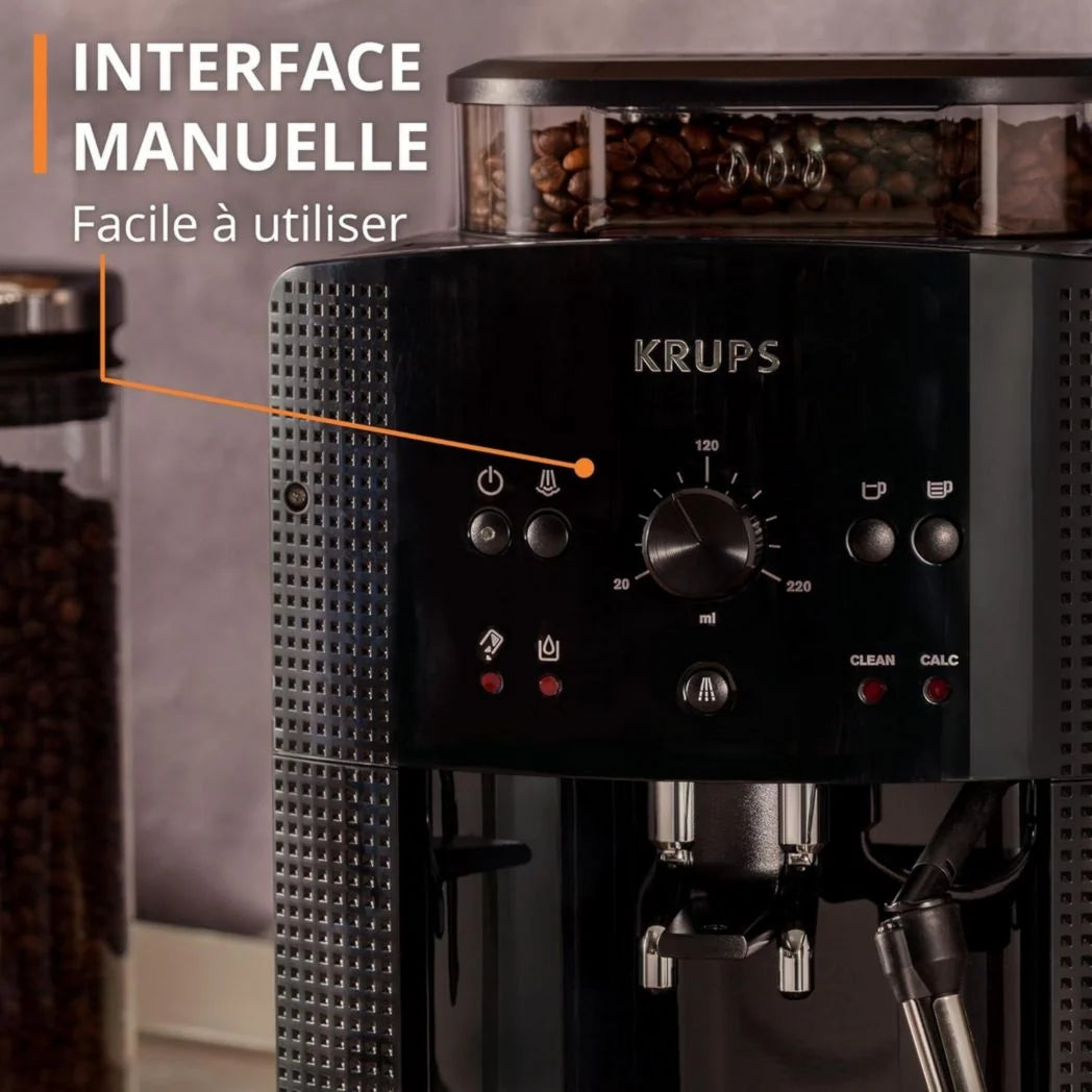 Krups Machine à café à grains, 1,7 L, 2 tasses simultanément, Nettoyage automatique, Buse vapeur pour cappuccino, Cafetière expresso, Essential black YY8125FD, Noir