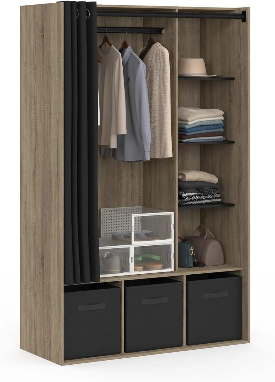 IDMarket - Dressing penderie Diane 105 x 50 x 172 cm hêtre avec étagères + boites de Rangement + Rideau Noir
