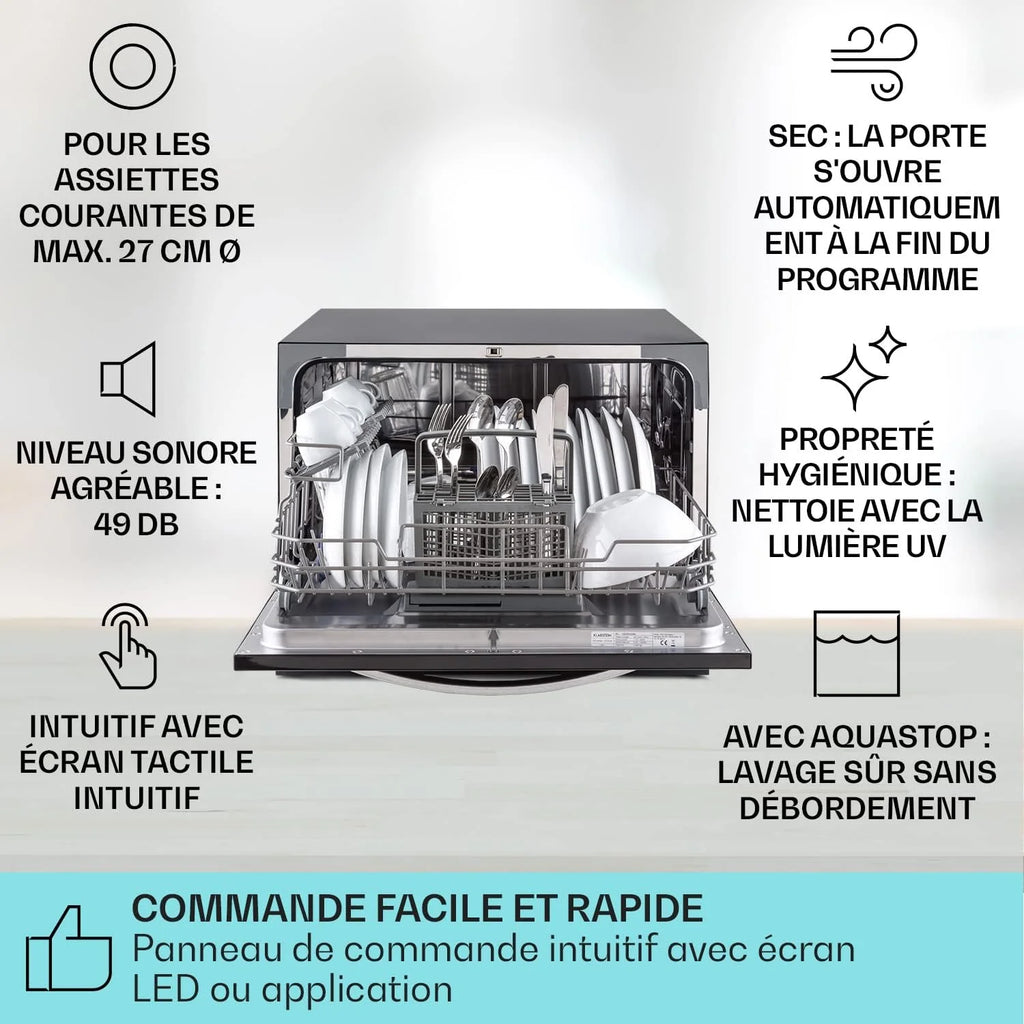 Mini Lave Vaisselle de Table de 8 Couvert,Silencieux,6 Programmes de Lavage,Portable,Facile à Installer pour la Maison et Bureau -