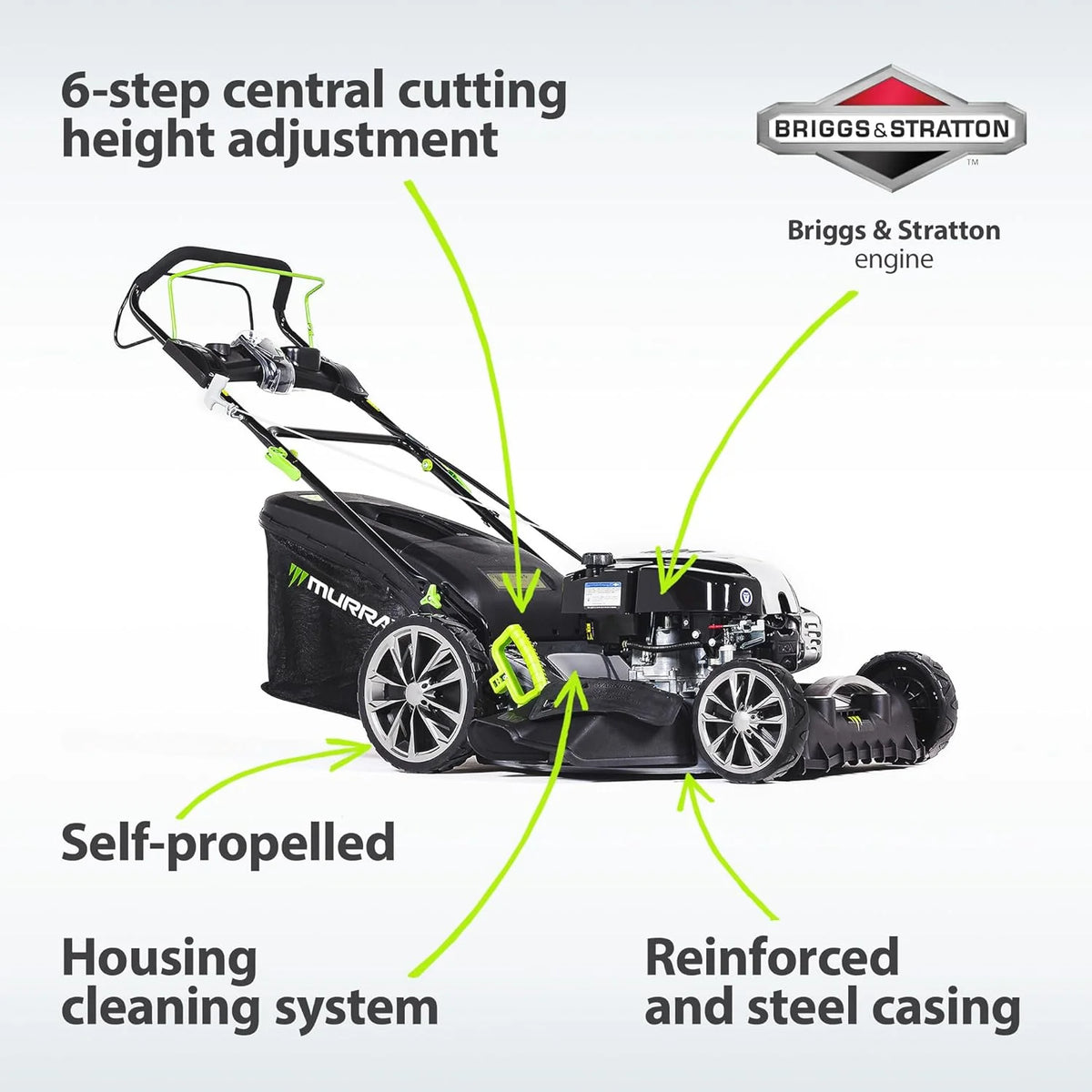 Murray Tondeuse Gazon Thermique EQ2-700X - Tondeuse à Gazon Essence Autotractée 4 en 1, 56cm - Bac à Gazon 75L pour Petites et Moyennes Pelouses - Tondeuse Thermique avec Moteur Briggs & Stratton