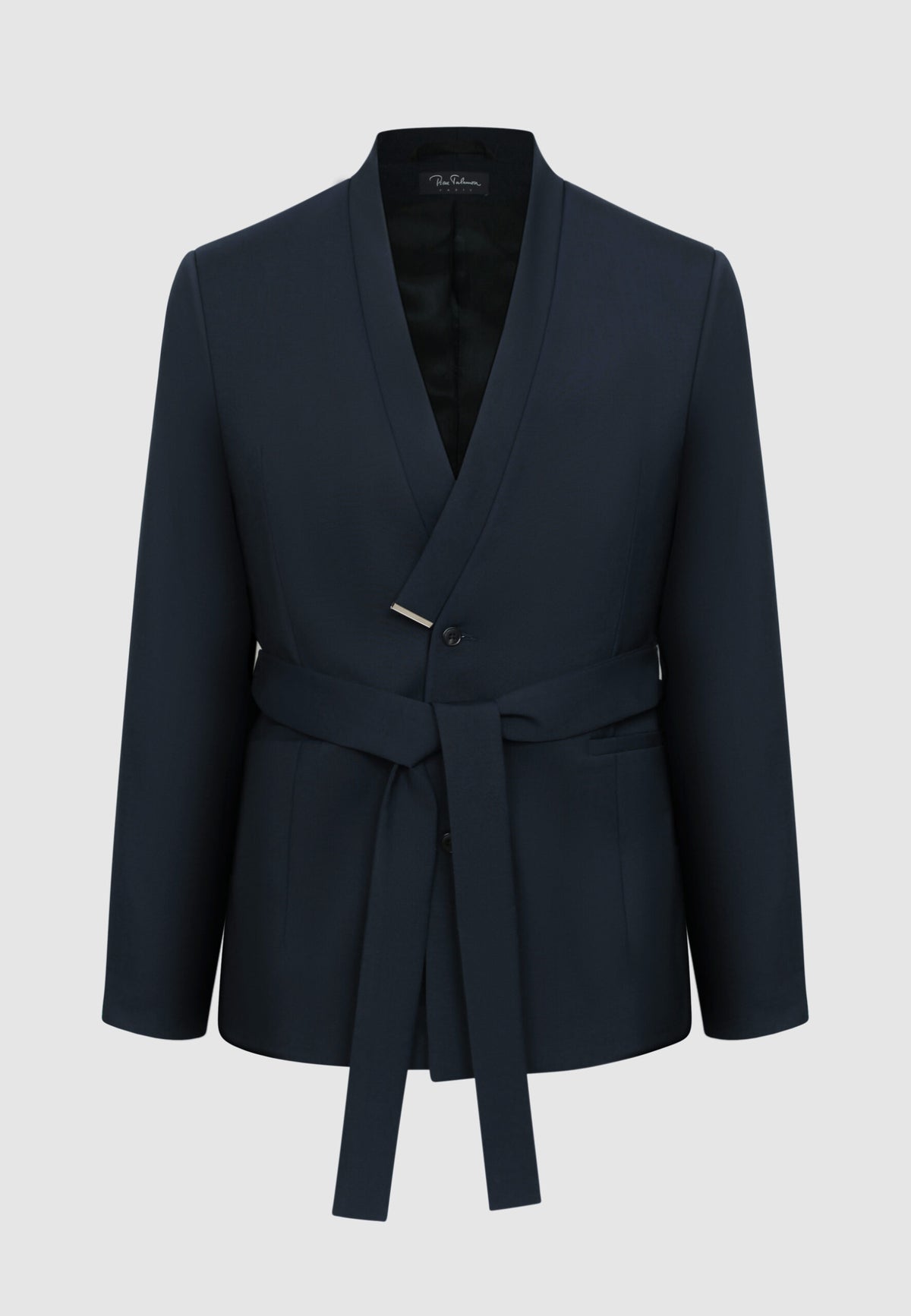 Veste en laine bleu marine ceinturée à col yukata