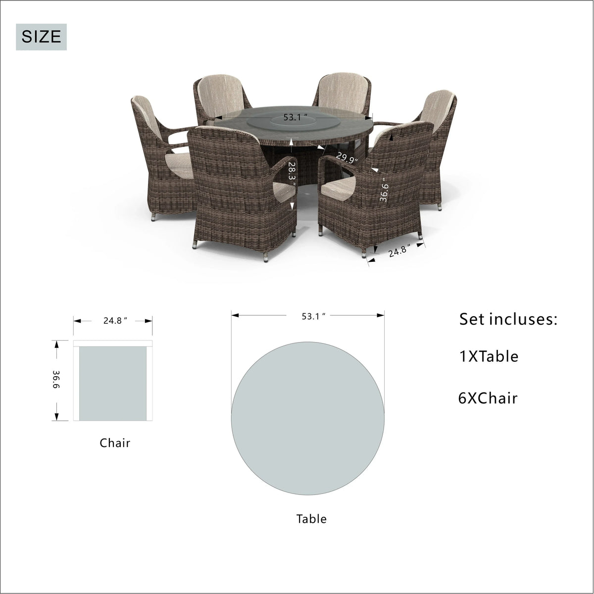 7 Pieces Outdoor Rattan Wicker Patio Round Dining Set with Cushions by Moda Furnishings