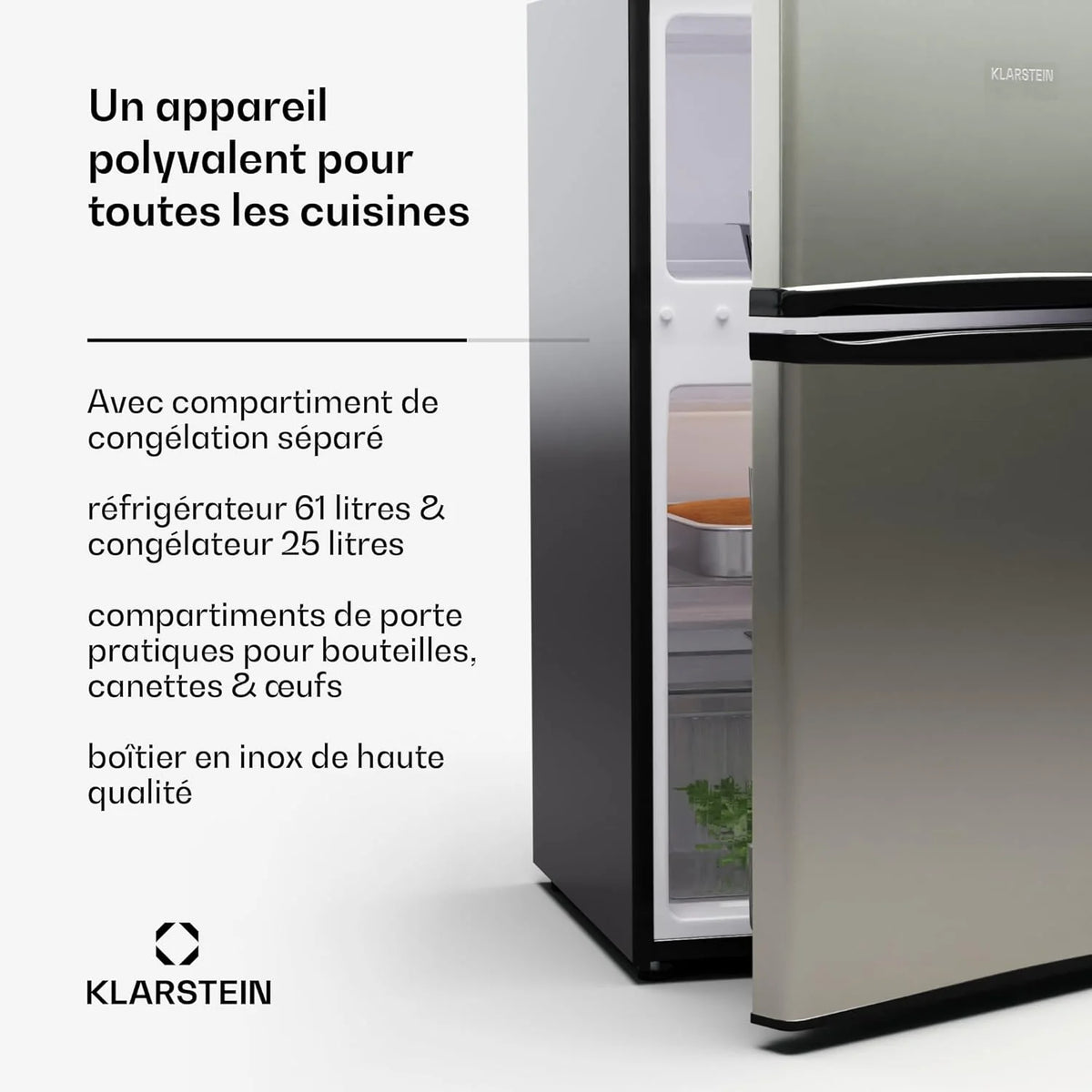 KLARSTEIN Big Daddy Cool - Frigo réfrigérateur, réfrigérateur combiné, Compartiment bouteilles, Bac légumes, Eclairage intérieur, Look moderne, Nettoyage facile, Pieds réglables, 86 L - Argent