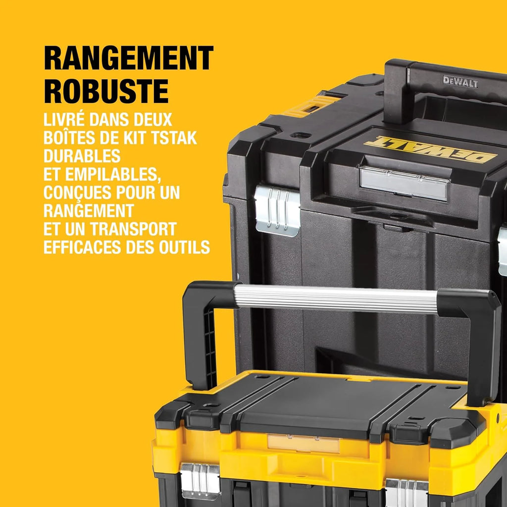 DEWALT - Pack 5 outils XR 18V, 1 perceuse-visseuse, 1 visseuse à chocs à 3 vitesses, 1 scie sauteuse, 1 scie circulaire, 1 lampe LED, 3 batteries 5Ah, 1 chargeur et 2 coffrets TSTAK, DCK551P3T-QW