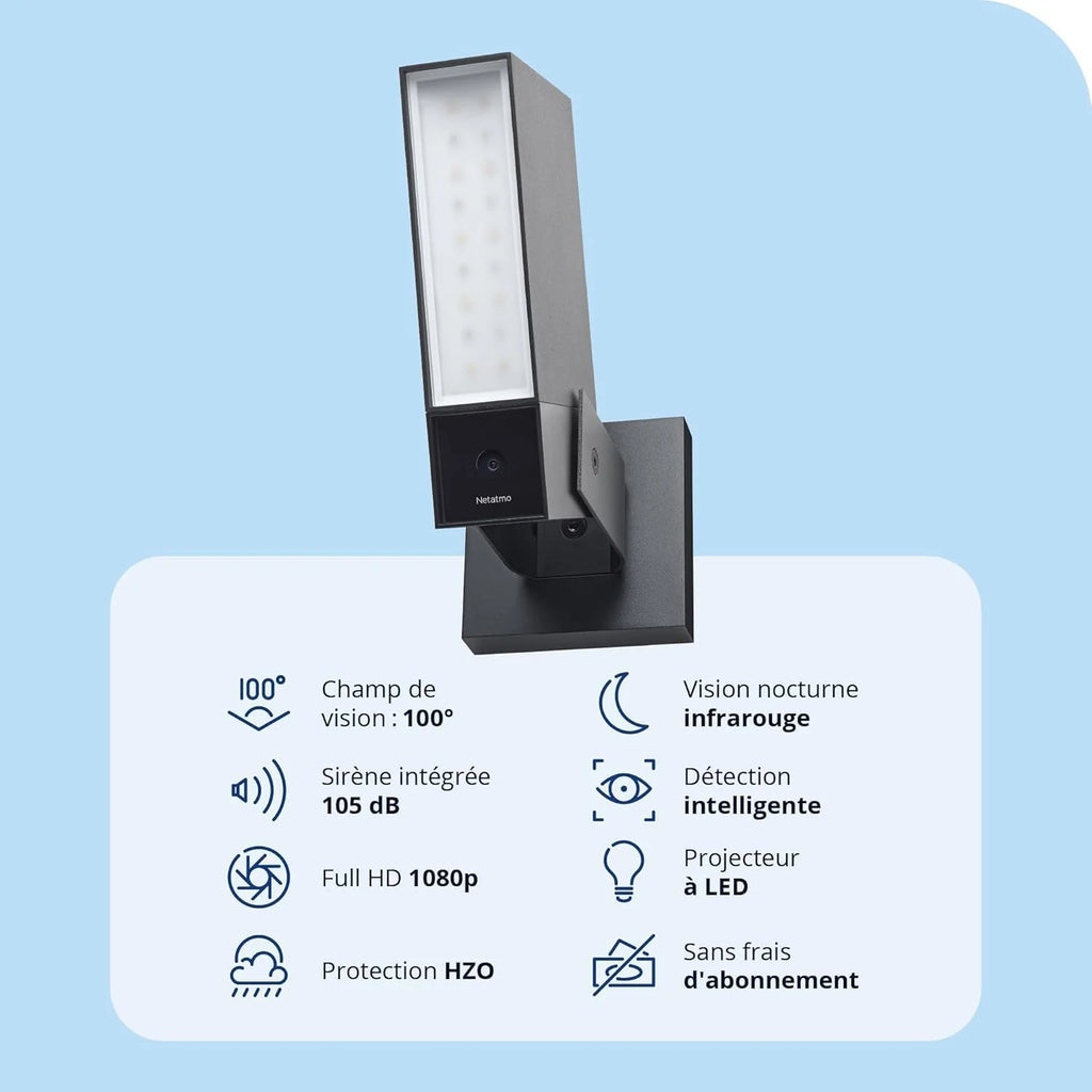 Netatmo Caméra de Surveillance Extérieure Intelligente avec Sirène 105dB, WiFi, Eclairage Intégré 12W, Détection des Mouvements, Vision Nocturne, Vidéo HD, Stockage Local, Aucun Abonnement, NOC-S-AMZ