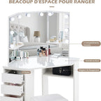 Coiffeuse avec Miroir Triptyque et Tabouret, Coiffeuse d'angle Miroir Tabouret 2 Compartiments 5 Tiroirs, Table de Maquillage Blanc Moderne Femme Cadeau avec LED