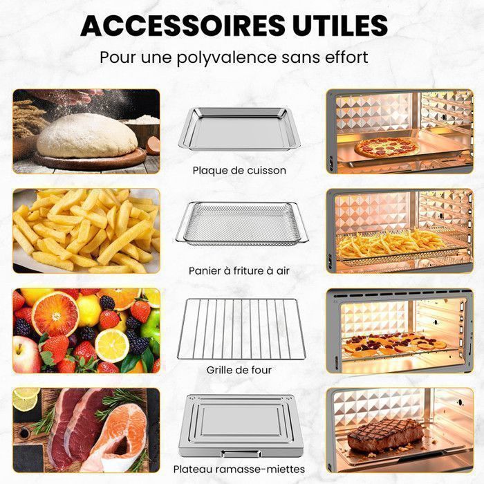 Mini four professionnel - Four a air, 30L/21 Programmes/30-230℃,  Lumière intégrée, Cavité et plateaux en acier inoxydable