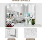 Coiffeuse avec Miroir Triptyque et Tabouret, Coiffeuse d'angle Miroir Tabouret 2 Compartiments 5 Tiroirs, Table de Maquillage Blanc Moderne Femme Cadeau avec LED