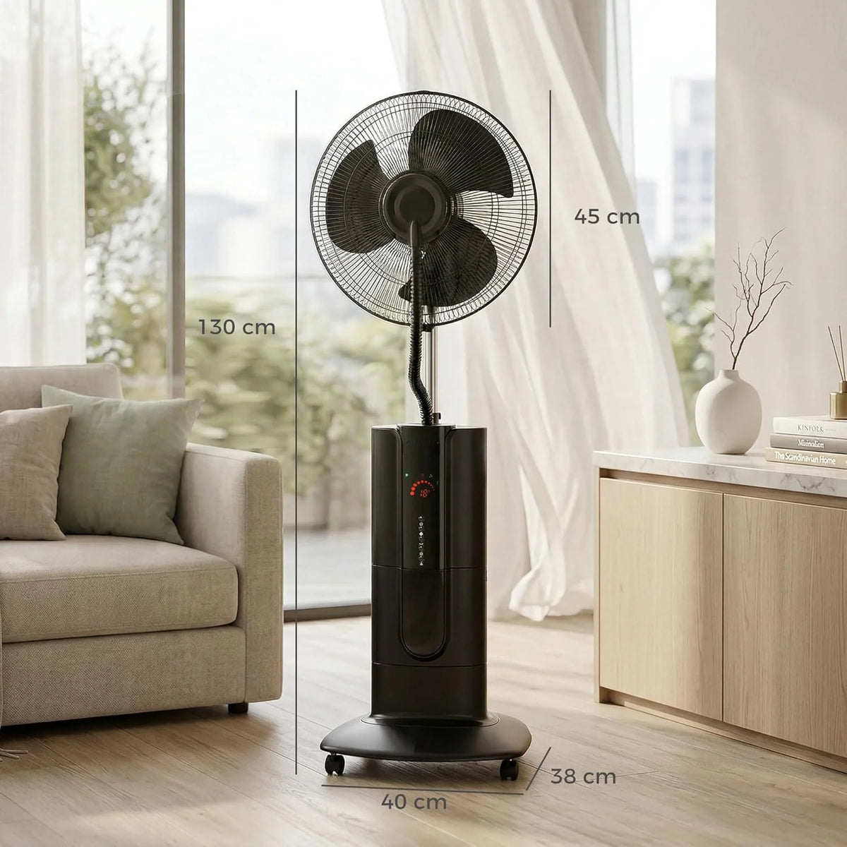 HOMCOM Ventilateur brumisateur 100 W à ionisation négative, ventilateur sur pied 130 cm, oscillation à 120°, 3 vitesses, 3 modes, réservoir d'eau 1,5 L, télécommande, minuterie 9h, roulettes, noir