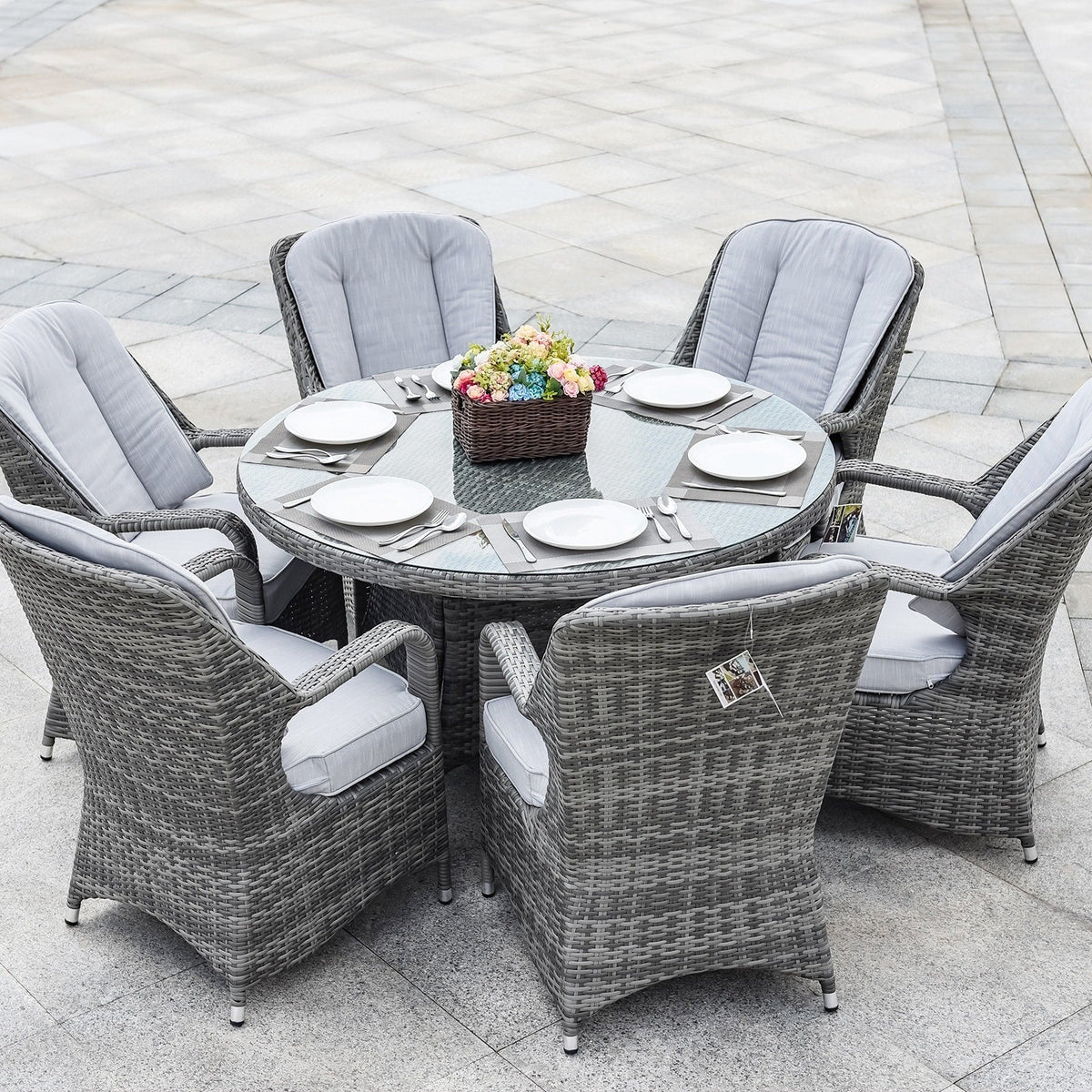 7 Pieces Outdoor Rattan Wicker Patio Round Dining Set with Cushions by Moda Furnishings