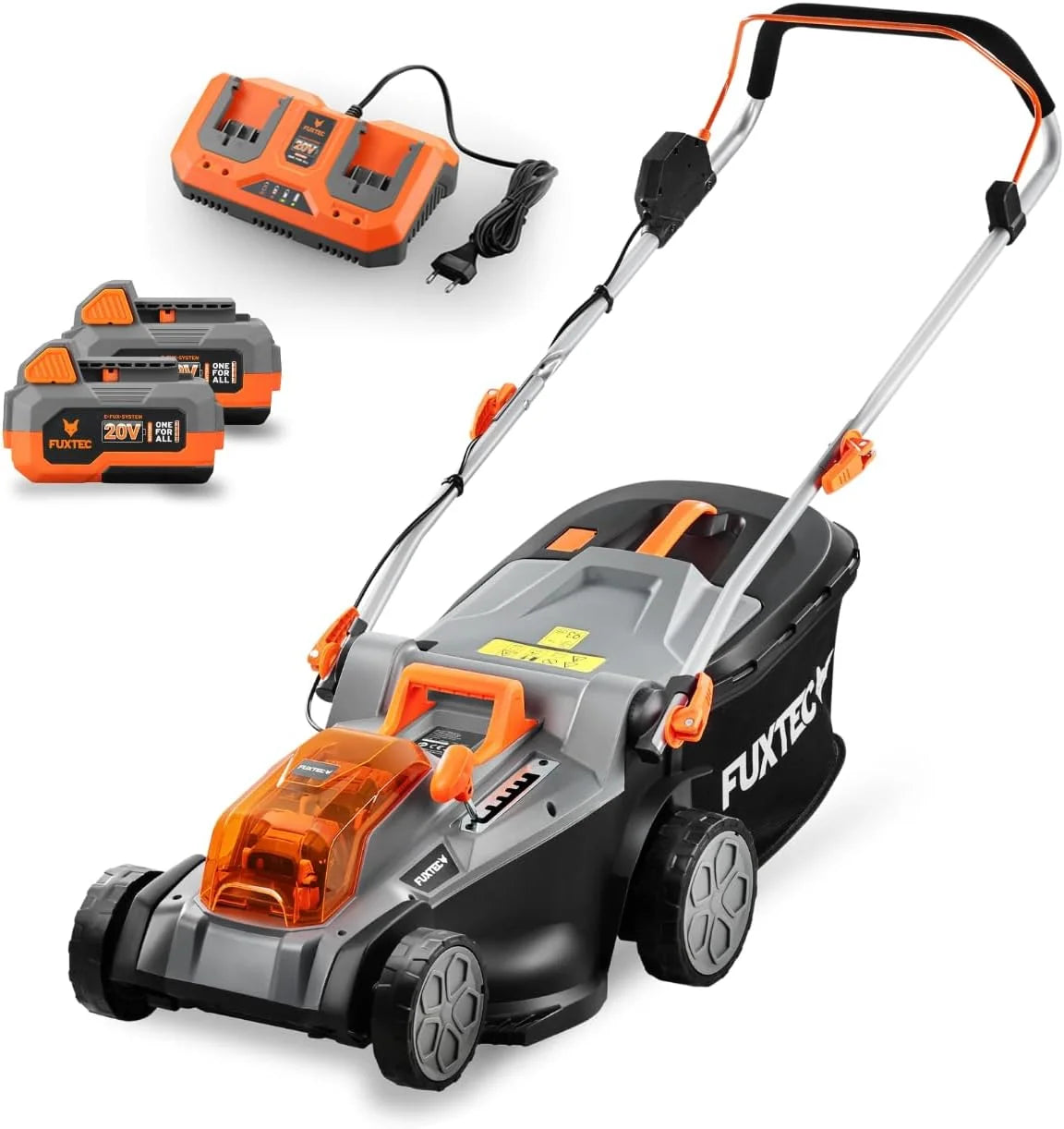 FUXTEC Tondeuse à Gazon sans Fil 40V (2x20V) E2RM43 Set Batteries et Chargeur - Largeur De Coupe 43cm, 40L, Hauteur De Coupe Variable, Tondeuse à Gazon Batterie, sans Fil