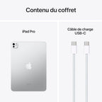 Apple iPad Pro 11 (M4) : Écran Ultra Retina XDR, 512 Go, Caméra Avant 12 Mpx Horizontale/Appareil Photo arrière 12 Mpx, Scanner LiDAR, Wi-FI 6E, Autonomie d’Une journée, Verre Standard - Argent