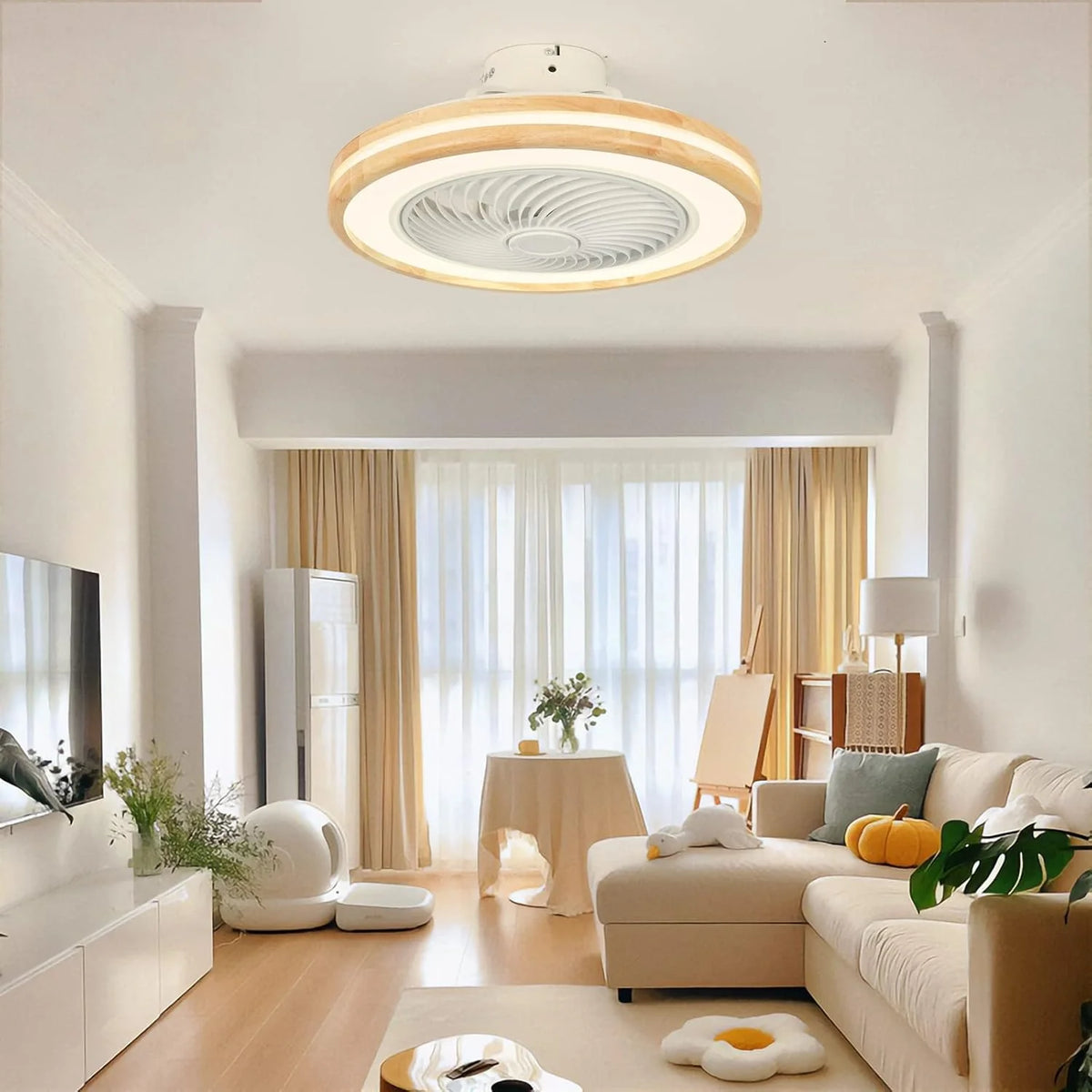 LJX Ventilateurs de Plafond avec Lumières Bois et Télécommande Plafonnier Ventilateur Design Sans Pales Été Et Hiver Réversible 6 Vitesses Moteur DC Gradable Ventilo Plafond Silencieux Pour Chambre