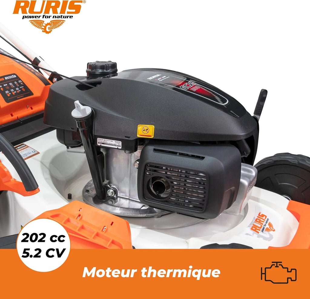 RURIS Power for Nature Tondeuse à Gazon Thermique RX555s Moteur Honda 5,2 CV, 202cc, 530mm, Sac 65l, propulsee Automatique, 5 in 1: Ramassage, Éjection Arrière et Latérale, Mulching, Nettoyage