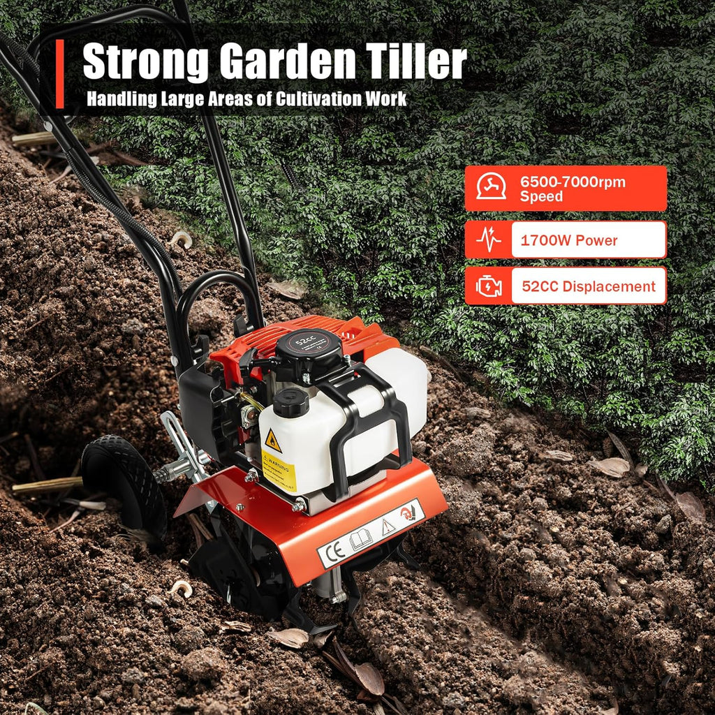 Rotavator de jardin 52 cc - Moteur à 2 temps - Désherbage portable - Cultivateur de motobineuse - Pour labourer, agriculter, arracher les sillons, désherber