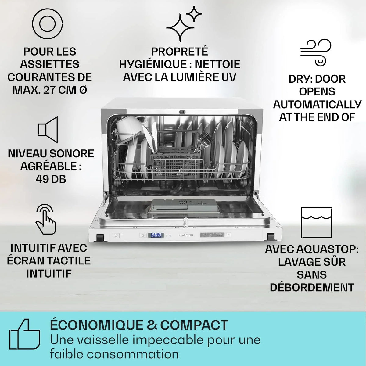 Mini Lave Vaisselle de Table de 8 Couvert,Silencieux,6 Programmes de Lavage,Portable,Facile à Installer pour la Maison et Bureau -