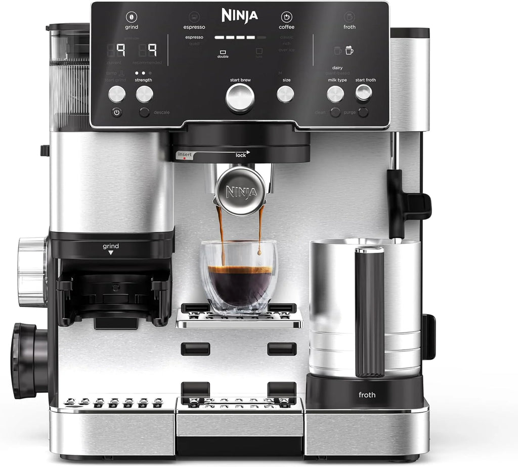 NINJA Machine à café Luxe Essential 2-en-1, Latte, Cappuccino et Espresso avec broyeur à grains et mousseur à lait intégrés, facile à utiliser, 2 préréglages mousse, argent, ES501EU