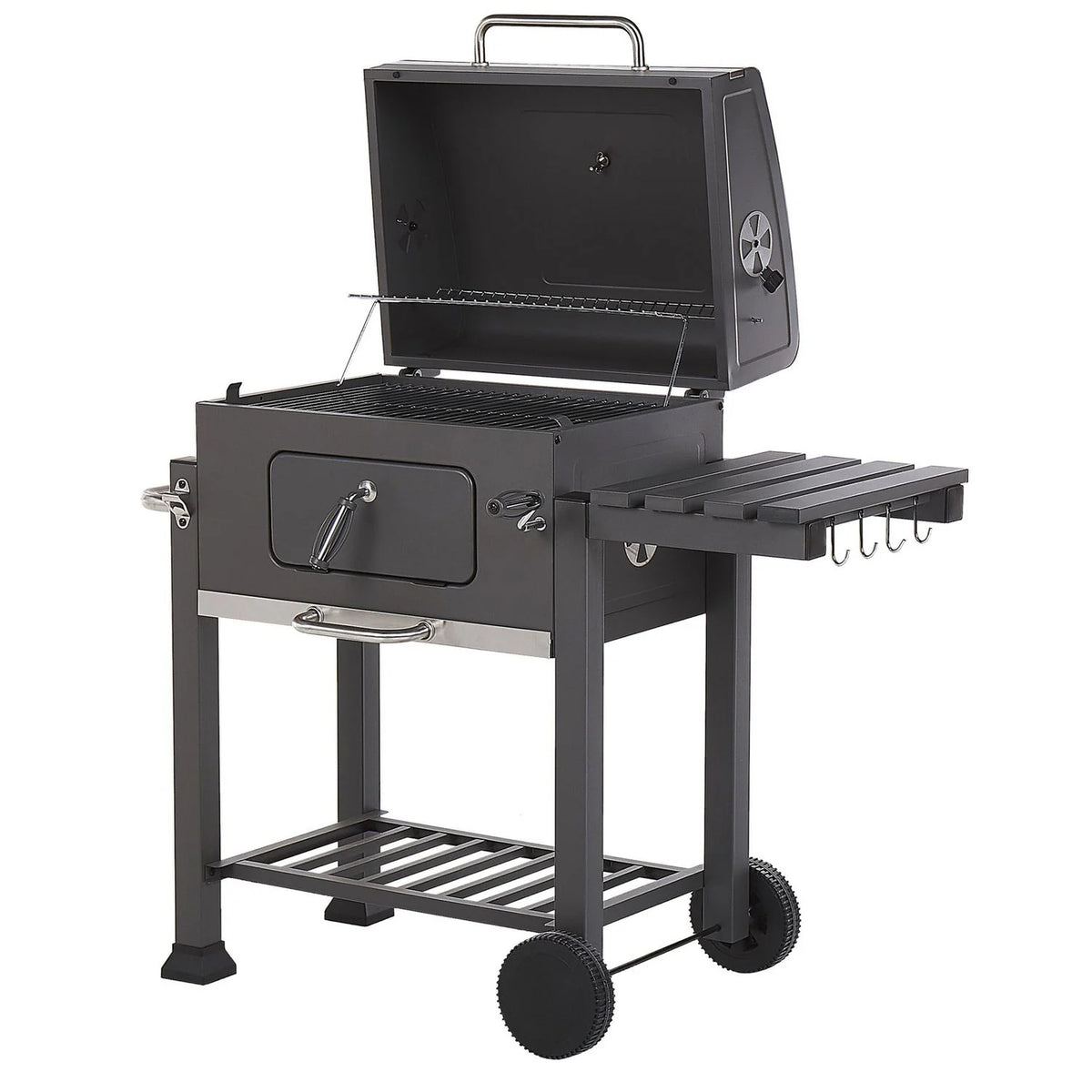Barbacoa De Carbón Parrilla De Acero Gris Con Tapa Rejilla Ruedas 2 Estantes Termómetro Cenicero Extraíble Jardín Pavlof - Gris