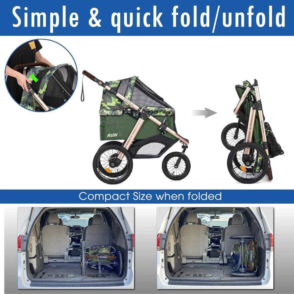 Coche Deportivo para Correr con Ruedas de Goma Confort / Entrada sin Cremallera / Plegado Rápido con Una Mano / Estructura de Aluminio para Perros, Gatos y Mascotas Pequeñas o Medianas (Camuflaje Verde)