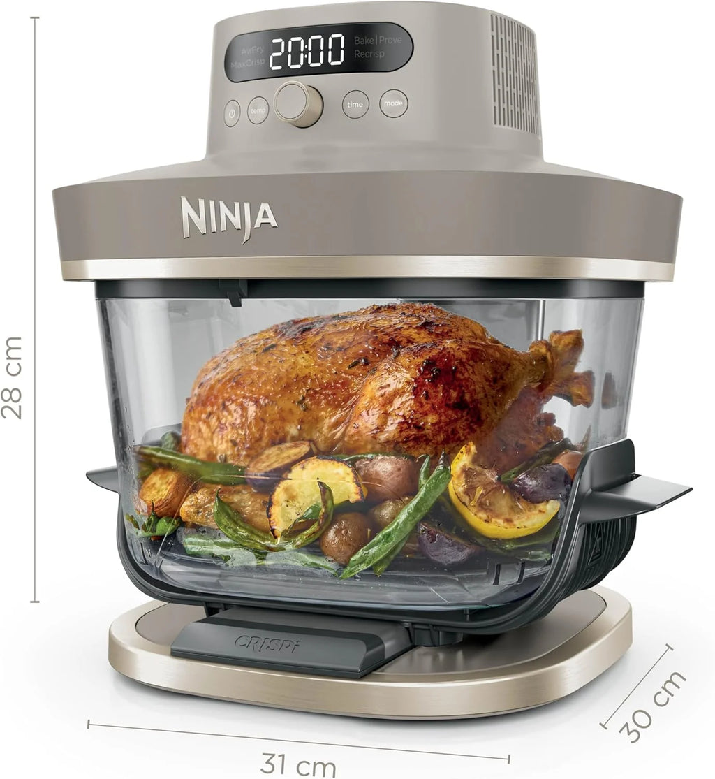 Ninja CRISPi PRO XL, Friteuse sans huile en verre, 5 modes de cuisson prédéfinis, avec contenants en verre CleanCrisp de 5,7 l et 2,3 l, couvercles de rangement, Stone/Or AS090EUSD