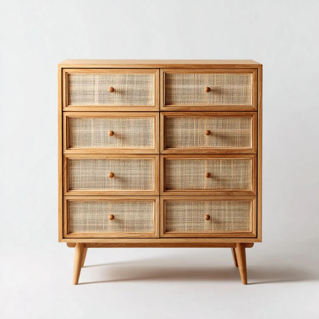 Commode 8 tiroirs bois naturel, façades en cannage, pieds cylindriques