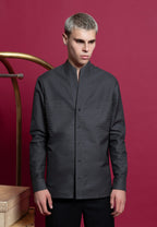 Chemise col montant en coton gris à rayures en relief