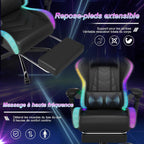 Devoko Chaise Gaming Ergonomique avec LED RGB, Massage Lombaire & Repose-Pieds – Fauteuil Gamer avec Appui-tête réglable – Dossier inclinable & Hauteur Ajustable – 180 kg – Noir