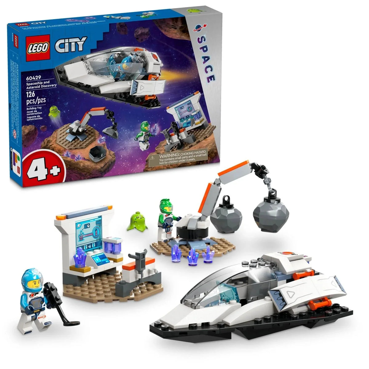 LEGO City Nave Espacial y Descubrimiento de Asteroides, Set de Construcción de Juguete, Regalo para Niños de 4 Años en Adelante que Aman el Juego de Imaginación, Incluye 2 Minifiguras de la Tripulación Espacial, Alienígena, Cristales y Juguete de Grú