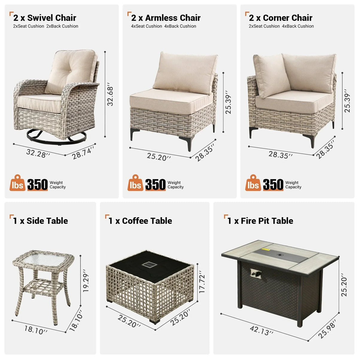 OVIOS 9 Pieces Outdoor Wicker Swivel Chair Set With Fire Table
