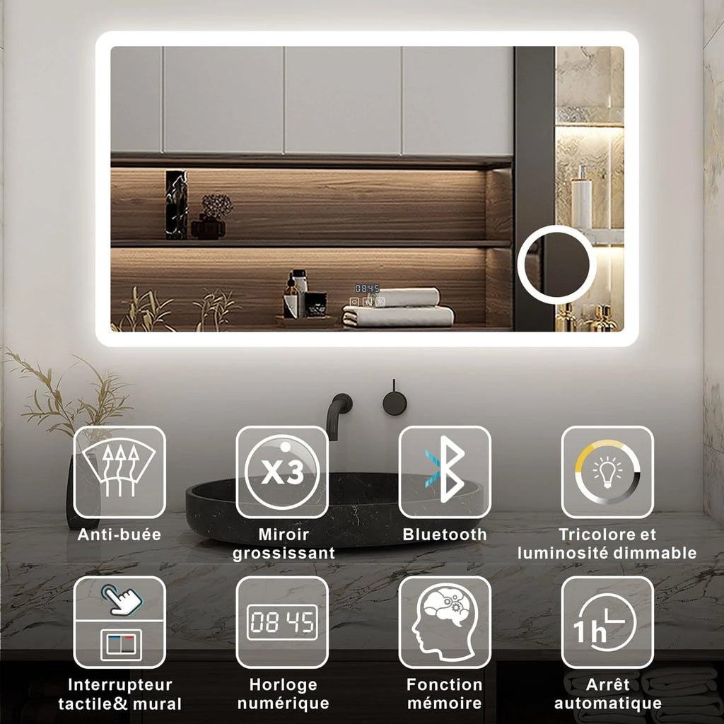 AICA Miroir Salle de Bain rectangulaire 120 x 70cm, Bluetooth + 3 Couleurs + dimmable + grossissant + Horloge + Anti-buée + mémoire, Miroir Lumineux