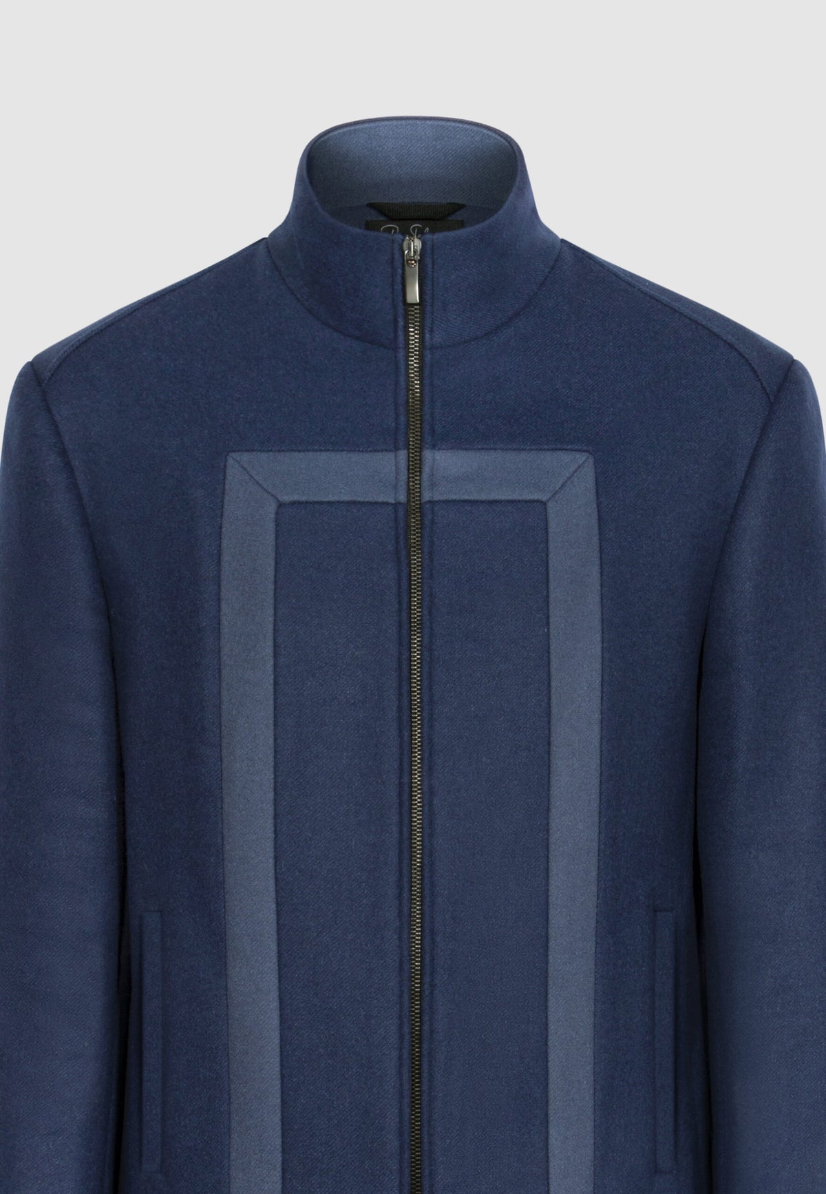 Blouson zippé en laine bleu à découpes contrastées