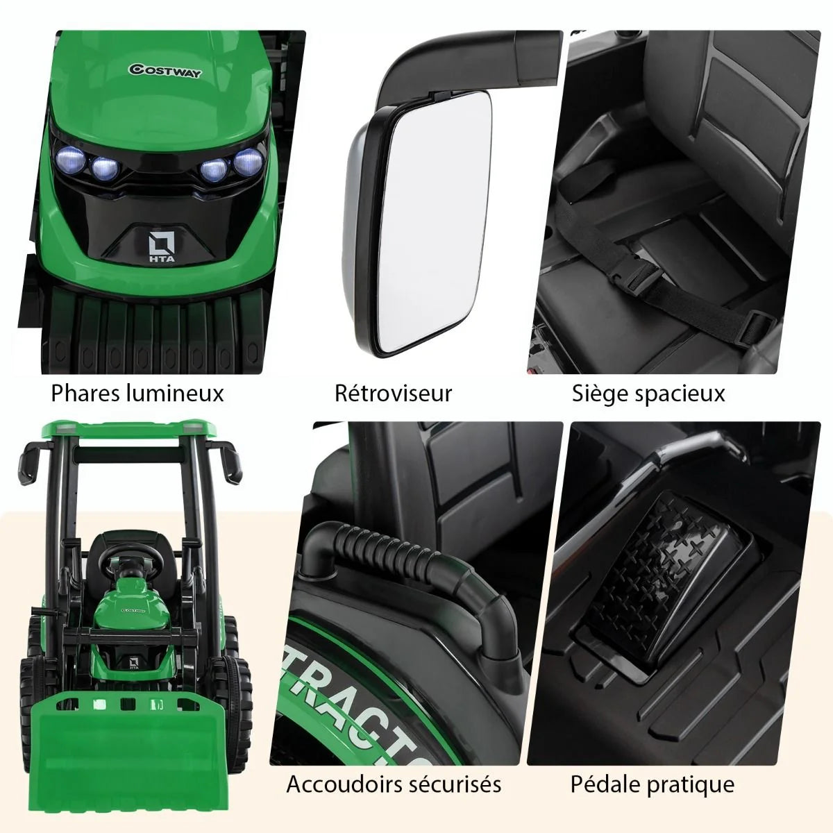 12V Tracteur Électrique Enfants avec Pelle&Remorque Amovible Véhicule Électrique à 6 Roues avec Télécommande & Musique 3-6 km/h pour 3-8 Ans Jaune/Vert