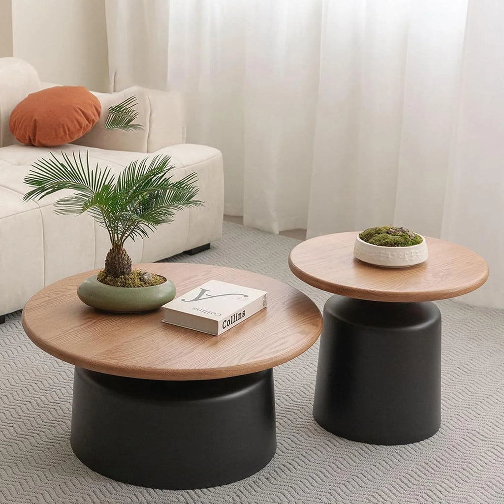 Table Basse Ronde Bois Massif, Table Basse Ronde Salon Moderne, Style Crémeux, Socle en Acier Au Carbone pour Maison Salon Bureau Ferme-Facile À Assembler(Black)