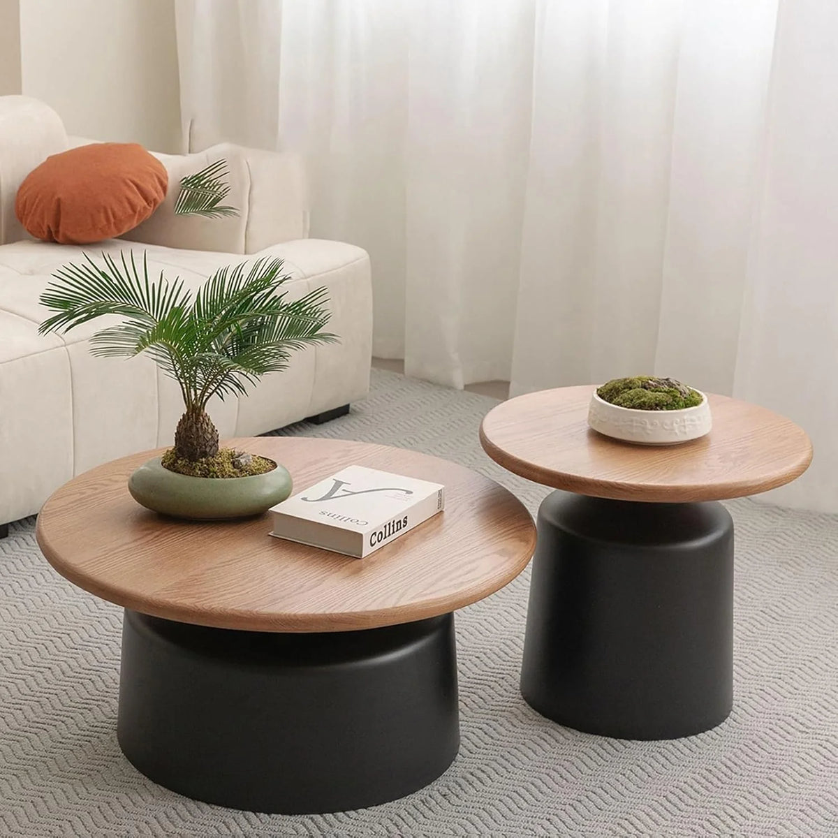 Table Basse Ronde Bois Massif, Table Basse Ronde Salon Moderne, Style Crémeux, Socle en Acier Au Carbone pour Maison Salon Bureau Ferme-Facile À Assembler(Black)
