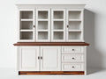 Vaisselier style classique bois blanc et plateau brun avec 4 portes vitrées et 3 tiroirs