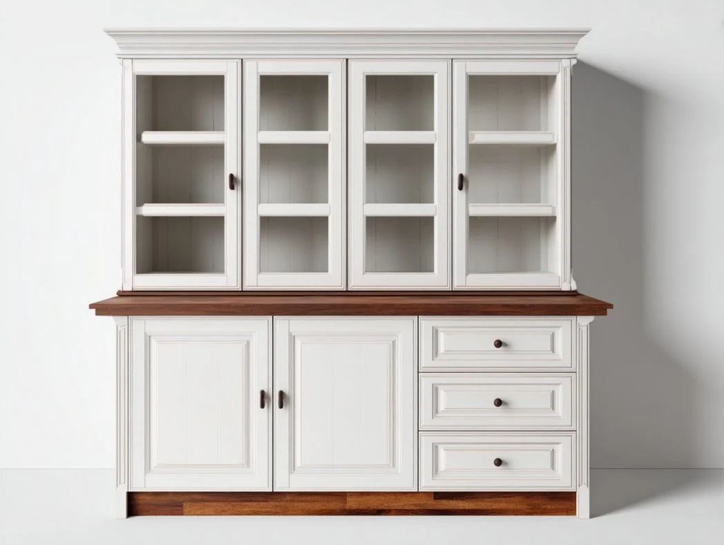 Vaisselier style classique bois blanc et plateau brun avec 4 portes vitrées et 3 tiroirs