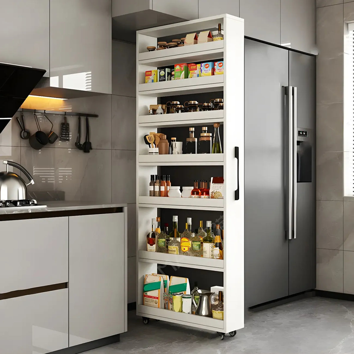 Modern Wooden Buffet Table with Open Shelves and Caster