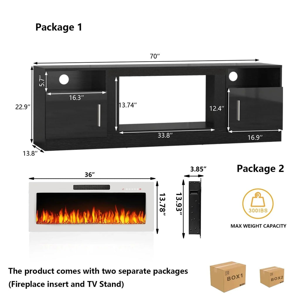 Bossin 70 Fireplace TV Stand with 36 Electric Fireplace, TV Stand for TVs Up to 80, 16 Colors LED Lights/Entertainment Center