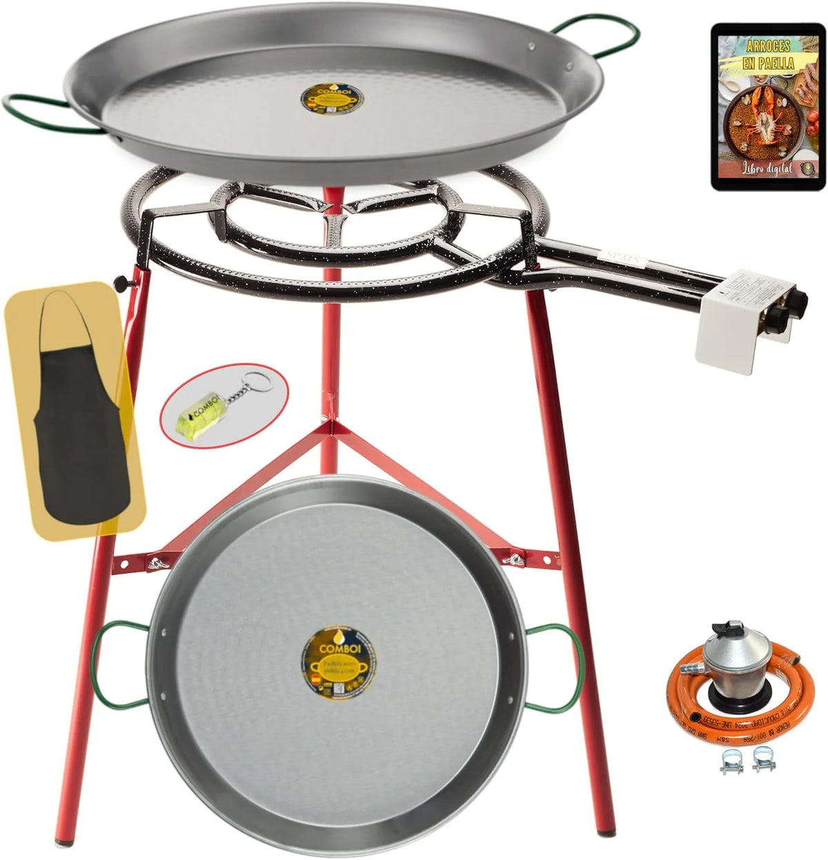 COMBOI - Kit paella, Brûleur à Gaz Butane de 50 cm, Poêles à paella de 60 cm et 42 cm, Régulateur de Gaz, Tuyau, Trépied Renforcé, Tablier et Recettes.