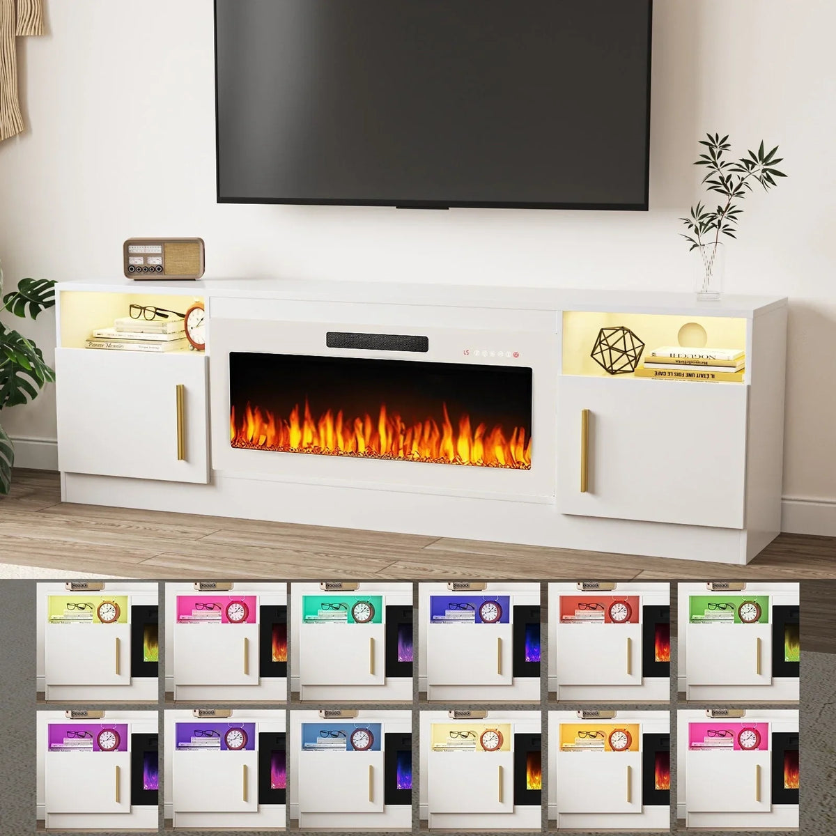 Bossin 70 Fireplace TV Stand with 36 Electric Fireplace, TV Stand for TVs Up to 80, 16 Colors LED Lights/Entertainment Center