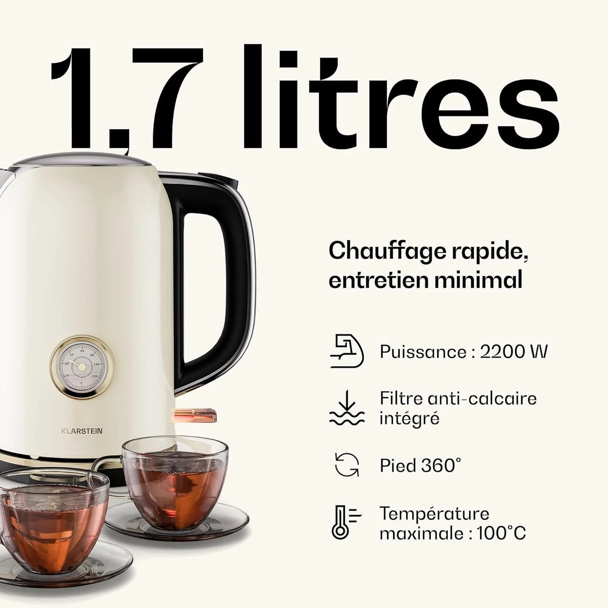 Klarstein Victoria Set Petit-Déjeuner Complet – Grille-Pain 2 Fentes 7 Niveaux, Bouilloire Électrique 1,7L, Cafetière Filtre 12 Tasses, Design Rétro, Support à Petits Pains, Cream