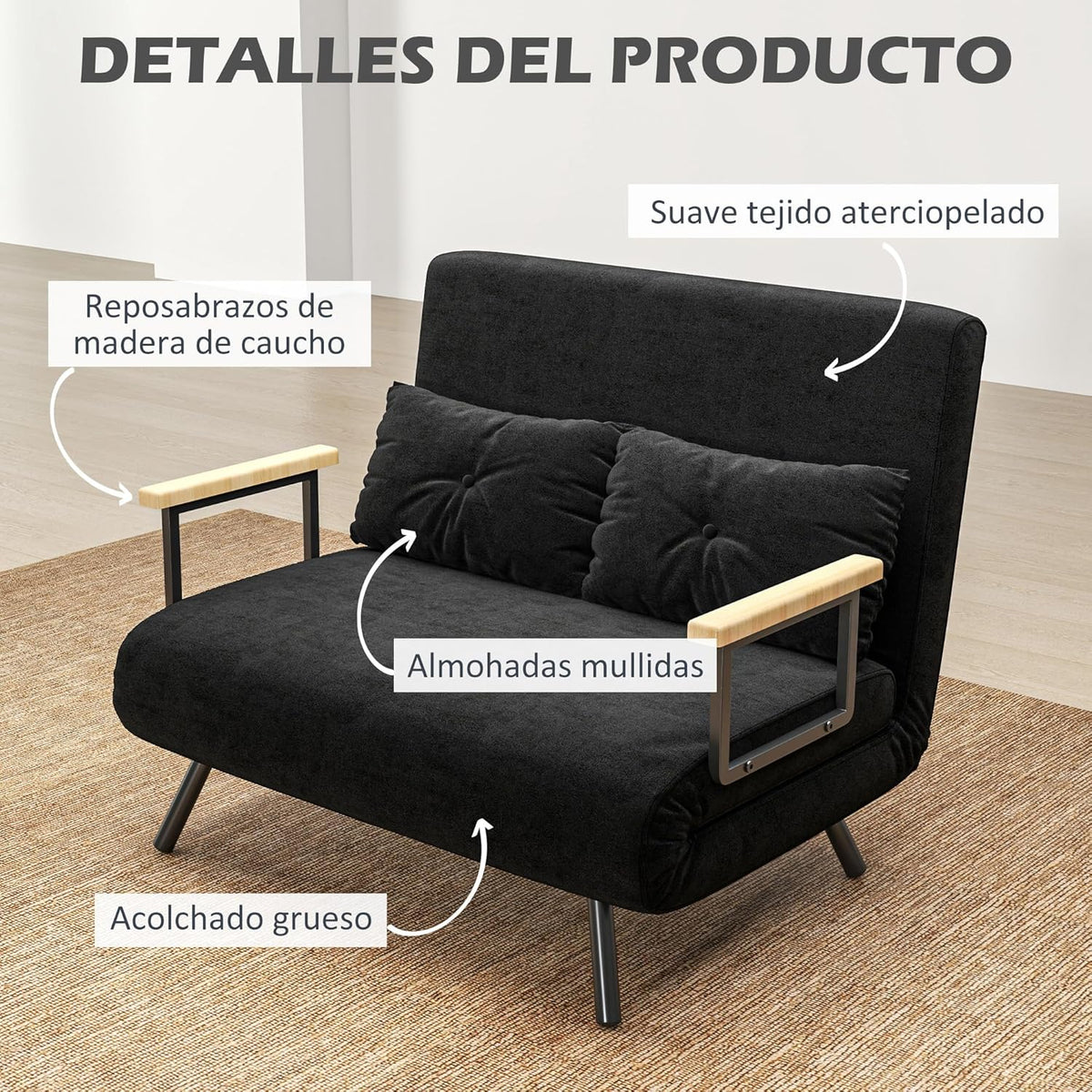 HOMCOM Sofa Bed 2 Seater Folding Sofa Bed Upholstered in Velvet with 5 Levels Adjustable Backrest and Padded Pillows for Office Bedroom Living Room 102 x 73 x 81 cm Beige