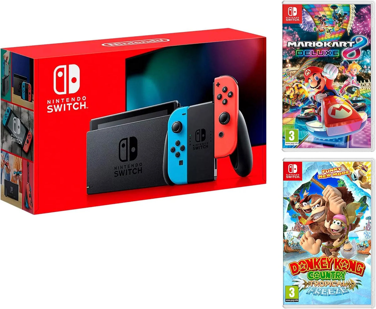 Nintendo Switch Console Rouge/Bleu Néon 32Go Pack + Mario Kart 8 Deluxe + Donkey Kong: Tropical Freeze(Rouge/Bleu)