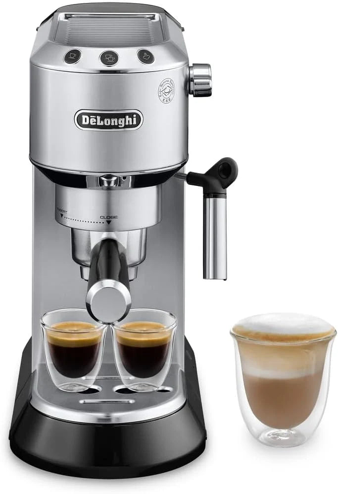 De'Longhi Dedica Espresso Machine, Coffee and Cappucino Maker with Milk Frother, Metal / Stainless, Compact Design 6 in Wide, Fit Mug Up to 5 in, EC680M