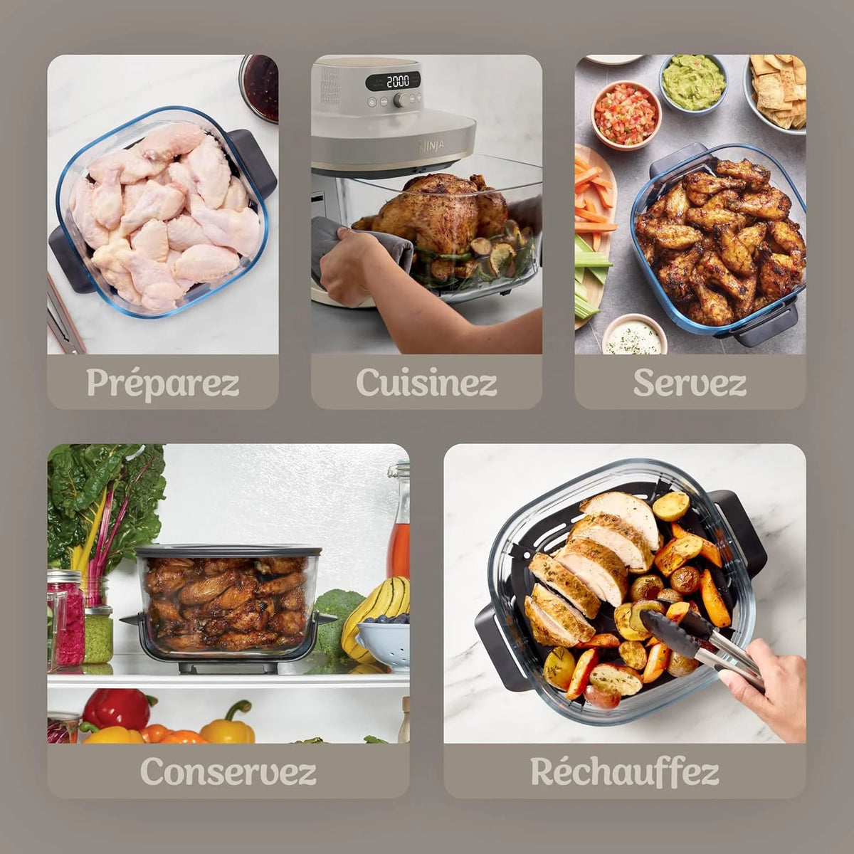 Ninja CRISPi PRO XL, Friteuse sans huile en verre, 5 modes de cuisson prédéfinis, avec contenants en verre CleanCrisp de 5,7 l et 2,3 l, couvercles de rangement, Stone/Or AS090EUSD
